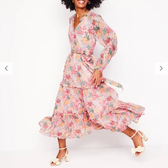 Boden Garden Bouquet Puff Sleeve Tiered Ruffle Midi Dress 10P Pink Floral Boho - Picture 14 of 16